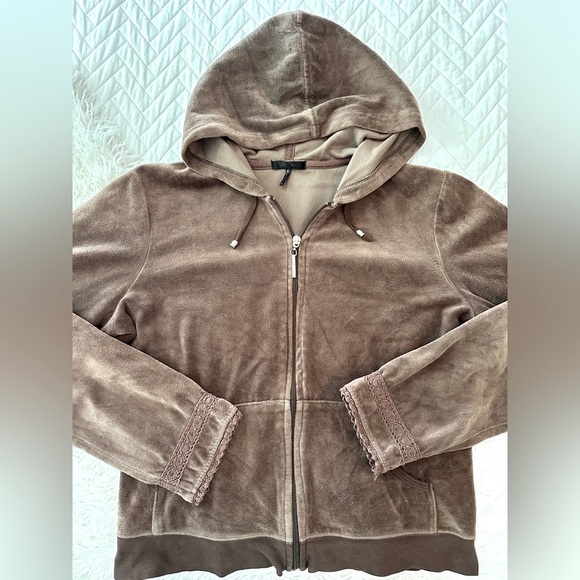 Retro Y2K Daisy Fuentes Brown Velour Zip Hoodie Lace Trim Size M - Picture 3 of 14